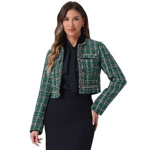 Tweed Jacket for Open Front Office Elegant Crop Blazer Green